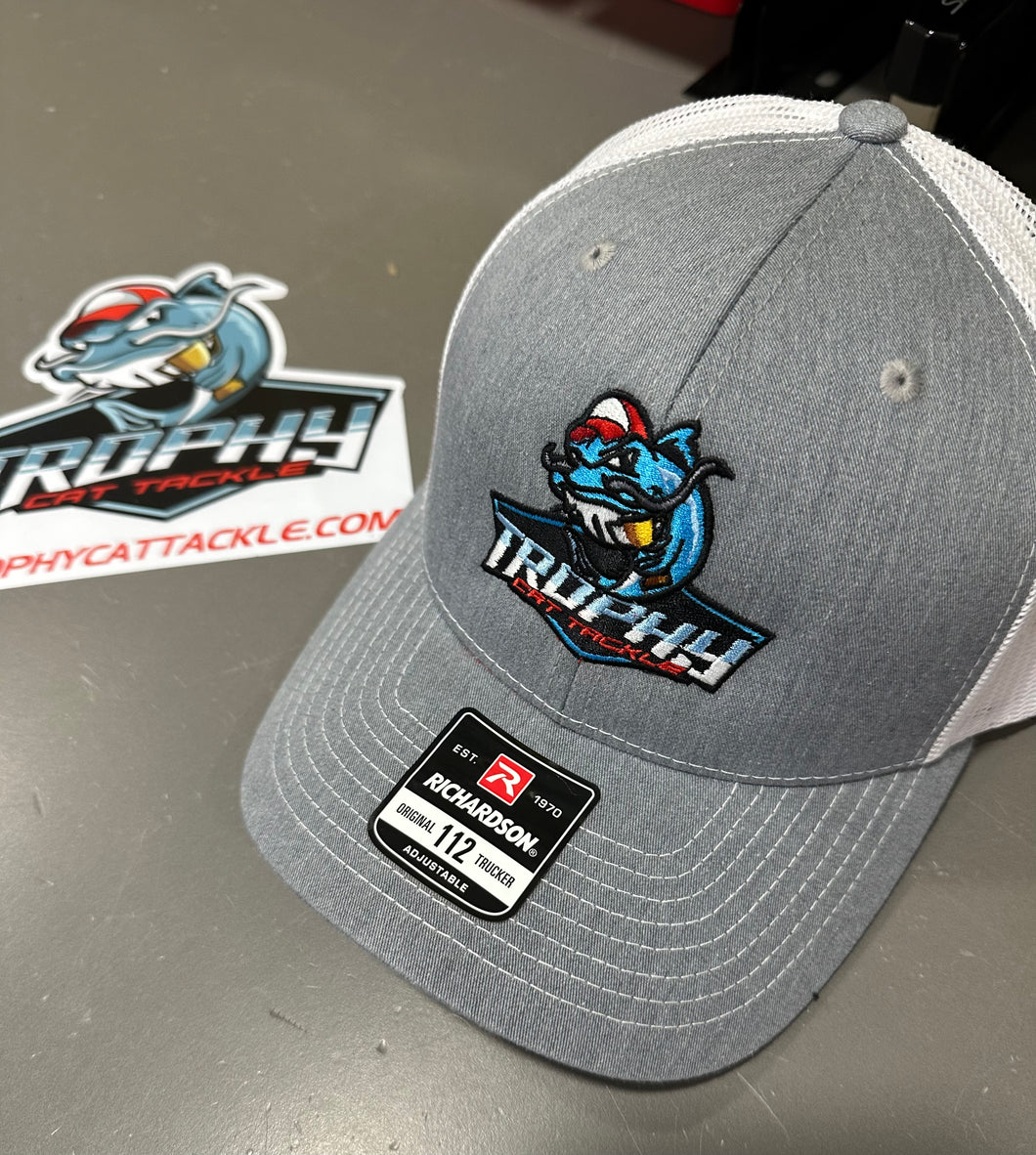 Trophy Cat Tackle Grey/White Snap Back Trucker Hat Center Logo